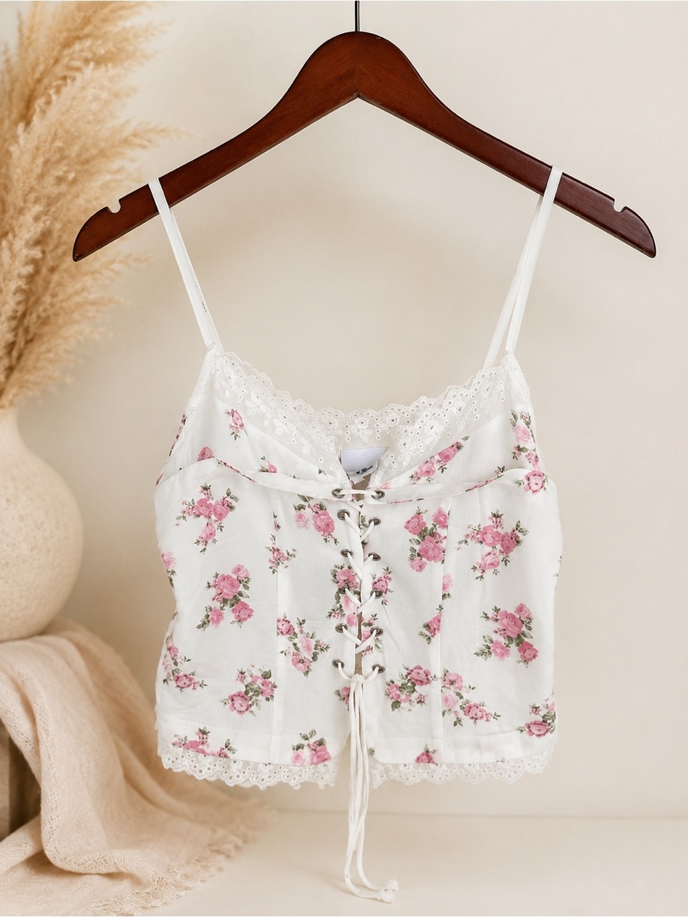 Sky to Moon Floral Lace Corset Cami Top Coquette Cottagecore Pink